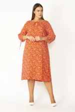 Kadın Bordo Yaka Ve Kolları Bağcık Detaylı Dokuma Viskon Kumaş Çıtır Desenli Elbise 65N28831