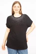 Kadın Mürdüm Büyük Beden Taş Detaylı Düşük Kol Bluz 65N35636