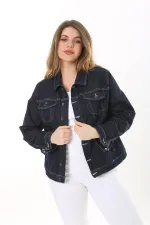 Kadın Büyük Beden Lacivert Ön Düğmeli Likralı Kot Mont 65N37576