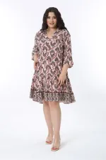 Kadın Büyük Beden Renkli V Yakalı Katlı Elbise 65N38583