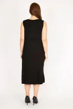 Kadın Siyah Büyük Beden Taş Detaylı Ön Cepli Elbise