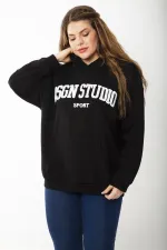 Women's Plus Size Black Embroidered Inside and Hooded Detailed Sweatshirt 65N37203