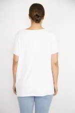 Kadın Büyük Beden Beyaz Taş İşli Bisiklet Yakalı Likralı Bluz