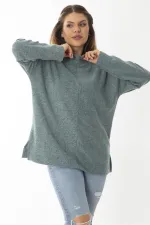 Kadın Büyük Beden Yeşil Yün Viskon Kumaş Sıfır Yakalı Yan Yırtmaçlı Tunik 65N37019