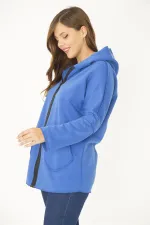 Kadın Büyük Beden Saks Ön Fermuar Ve Cepli Kapşonlu Kaşe Mont 65N36969