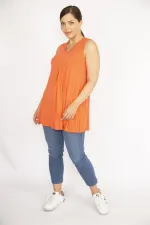 Kadın Oranj Büyük Beden V Yakalı Önü A Pile Bluz