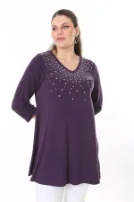 Kadın Büyük Beden Mürdüm Taş Detaylı Kapri Kollu Tunik 65N37696