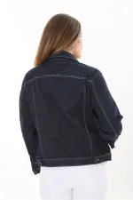 Kadın Büyük Beden Lacivert Ön Düğmeli Likralı Kot Mont 65N37576