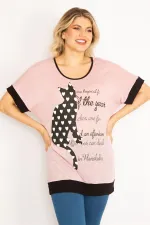 Kadın Pembe Kedi Figürlü Taş Ve Baskı Detaylı Düşük Kollu Tunik 65N34634