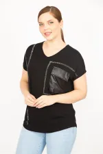 Kadın Siyah Büyük Beden Taş Ve Suni Deri Garnili Düşük Kollu Bluz