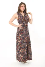 Kadın Büyük Beden Renkli Göğüs Büzgü Detaylı V Yaka Kuşaklı Elbise 65N37905