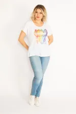 Kadın Beyaz Ön Baskılı Kolları Ribanalı Bluz 65N34715