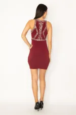 KADIN BORDO TAŞ DETAYLI HALTER YAKA ABİYE ELBİSE