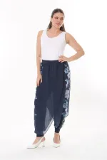 Kadın Büyük Beden Lacivert İçi Viskon Pantolonlu Şifon Anvelop Görünümlü Şalvar   65N37631