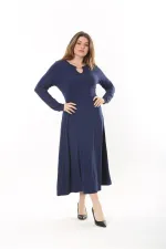 Kadın Büyük Beden Lacivert Öpücük Yakalı Uzun Kollu Elbise 65N37558