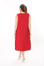 Kadın Büyük Beden Kırmızı Kare Yakalı Kolsuz Uzun Elbise 65N37738