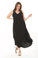 Kadın Büyük Beden Siyah Yan Boy Ayarlı Kolsuz Uzun Elbise 65N37885