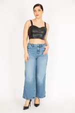 Kadın Mavi Büyük Beden Yan Şeritli 5 Cep Kot Pantolon