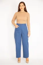 Kadın İndigo Ön Cepli Paçası Düğme İle Duble Paça Boy Ayarlı Gabardin Kumaş Pantolon 65N34888