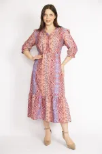 WOMEN'S COLORFUL COLLAR DRESS WITH FRILLED FRONT PLACE, ORNAMENTAL BUTTONS, WAIST AND ARM EMBROIDERY DETAILED