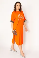 Kadın Kırmızı Cep Ve Kolu File Detaylı Taş Baskılı Viskon Elbise 65N33166