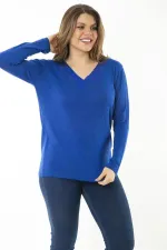 Kadın Büyük Beden Saks V Yakalı Taş Detaylı Uzun Kollu Bluz 65N37153