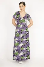 Kadın Mor Büyük Beden Anvelop Yakalı Renkli Uzun Elbise