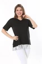 Büyük Beden Siyah Pul Payet Detaylı Bluz