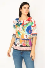 BLOUSE COLORÉE À COL RAS DU COU À MOTIF FLEURI POUR FEMME