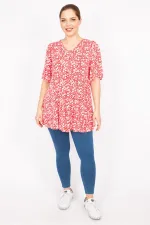 Kadın Kırmızı Büyük Beden Önü A Pileli V Yakalı Tunik