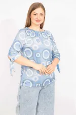 Kadın Mavi Büyük Beden Yaka Lastikli Kol Bağcıklı Bluz 65N35665