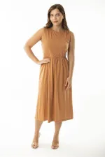 Kadın Büyük Beden Oranj Beli Lastik Detaylı Kolsuz Elbise 65N36903