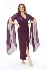 Kadın Büyük Beden Mürdüm Payet Ve Göğüs Büzgü Detaylı Kolları Şifon Elbise 65N37963