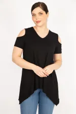 Kadın Saks Büyük Beden Omuz Dekolteli Asimetrik Kesim Viskon Bluz