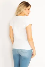 Kadın Beyaz Pamuklu Kumaş Ön Baskılı V Yakalı Bluz 65N34719