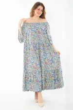 Kadın Büyük Beden Renkli Yaka Lastikli Dokuma Viskon Kumaş Katlı Elbise 65N37349