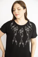 Kadın Siyah Büyük Beden Bisiklet Yaka Taş Detaylı Düşük Kollu Bluz