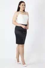 Kadın Lacivert Diagonal Saten Kumaş Düğme Detaylı Arka Bel Lastikli Etek 65N16670