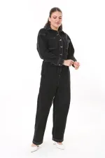 Kadın Büyük Beden Siyah Kontrast Dikişli Metal Düğmeli Kot Tulum 65N37723