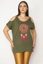 Kadın Haki Nakış Detaylı Omuz Dekolteli Viskon Bluz 65N29507