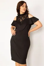 Kadın Siyah Dantel Ve Volan Detaylı Abiye Elbise