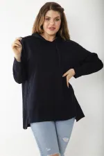 Women's Plus Size Navy Blue Relaxed Cut Side Slit Hooded Sweatshirt 65N37200