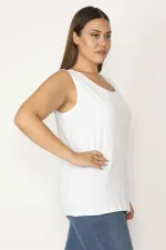 Kadın Beyaz Pamuklu Kumaş Bisiklet Yaka Kolsuz Bluz 65N27624