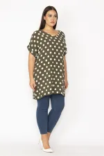 Kadın Haki V Yakalı Duble Kollu Puan Desenli Tunik 65N35337