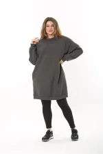 Kadın Büyük Beden Füme İçi Şardonlu 3 İplik Yan Cepli Uzun Sweatshirt 65N37494