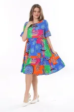 Kadın Büyük Beden Mavi Dokuma Viskon Kumaş Kısa Kollu Katlı Elbise 65N37762