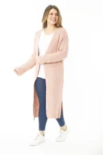 Kadın Büyük Beden Pembe Yırtmaçlı Kalın Triko Uzun Hırka 65N37139