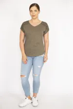 Kadın Haki Büyük Beden Pamuk Kumaş V Yakalı Kısa Kollu Omuz Dantel Detaylı Bluz