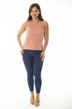 Kadın Büyük Beden Somon Ön Dantelli İçi Viskon Bluz 65N36941