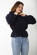 Women's Plus Size Navy Blue Inside-Red Elastic Waist Detailed Hooded Sweatshirt 65N37205